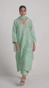 Dusty Jade Green Woven Silk Kurta Set