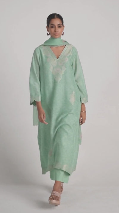 Dusty Jade Green Woven Silk Kurta Set