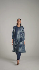 Indigo Blue Stripe and Check Print Linen Co-ord Set