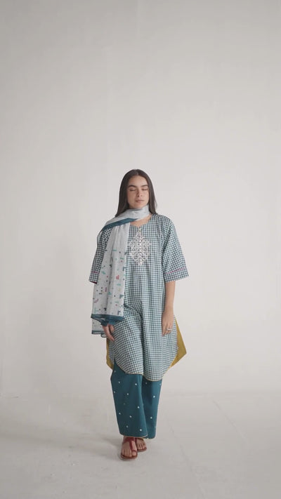 Blue and White Mul Mul Checkard Co Ord Set with Stole