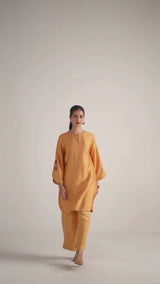 Golden Orange Print and Solid Festive Co-ord Set