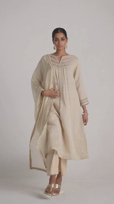 Beige Woven Kurta Set