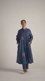 Navy Blue Bandhani and Flower Print Mul-Chanderi Co-ord Set