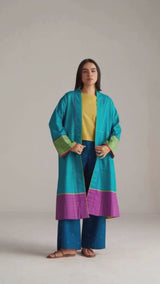 Navigate Blue Checkard Kimono with Moss Yellow Top and Blue Bottom Co Ord Set