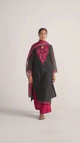 Black and Maroon Woven Kurta Set