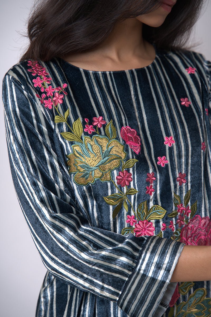 Navy Blue and Light Grey Silk Velvet Salwar Suit