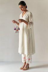 Ivory Polka Dot Moonga Silk Printed Kurta with Lace Detailing And Cotton Butta Printed Bottom