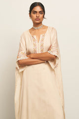 Almond Milk Organza Kaftan With Multi Colour Thread Embroidery With Lace Detailing